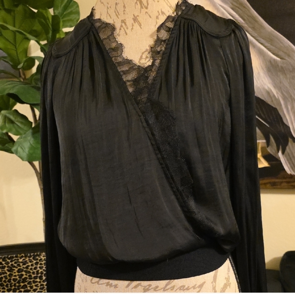 Current Air Black Silky & Lace Long Sleeve Whimsigoth Top